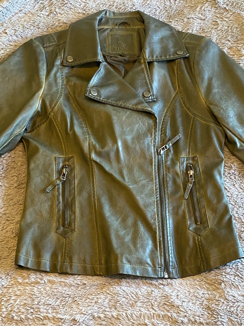 Max Studio Olive Faux Leather Biker Jacket